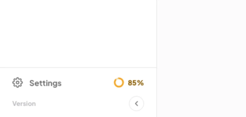 The bottom of the dashboard sidebar at 85 percent, with Settings and the amber ring reading 85% beside it; the Settings row is outlined and an arrow points to the ring.