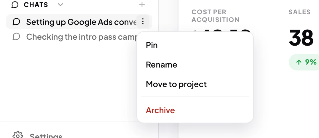 The dashboard sidebar with the three dots menu open on a chat row, showing Pin, Rename, Move to project and Archive in red; the menu is outlined and an arrow points to Archive.