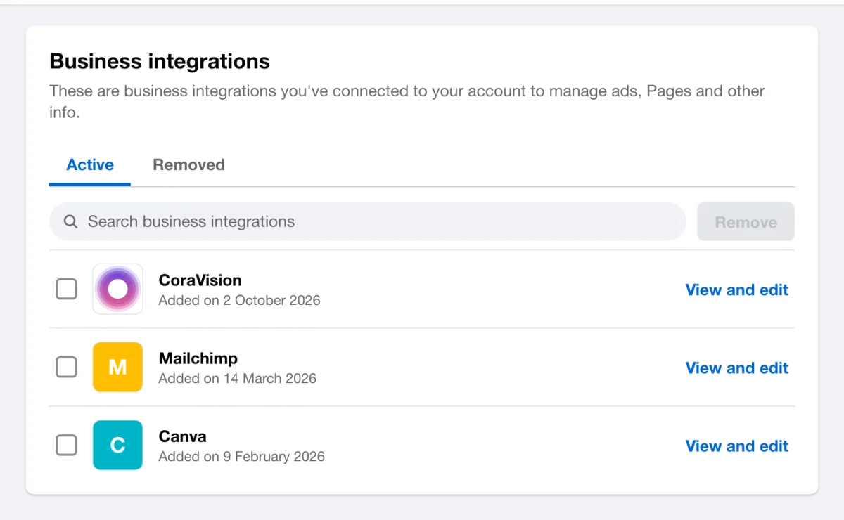 A drawn picture of Facebook's Business integrations settings on the Active tab, with CoraVision first in the list, added on 2 October 2026, beside a View and edit link, and the Remove button above the list; the CoraVision row is outlined.