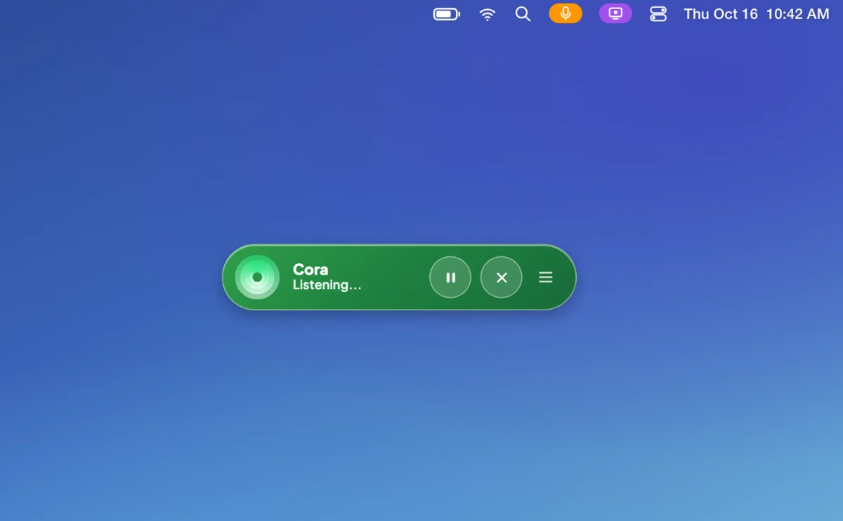 A drawn picture of the green CoraVision pill reading Listening... on a plain Mac desktop, with the microphone and screen recording indicators in the menu bar above it; the pill is outlined.