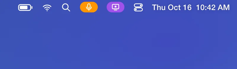 A drawn picture of the right end of the Mac menu bar during a green pill chat, with the purple screen recording indicator beside the microphone indicator, Control Center and the clock; an arrow points to the outlined screen recording indicator.
