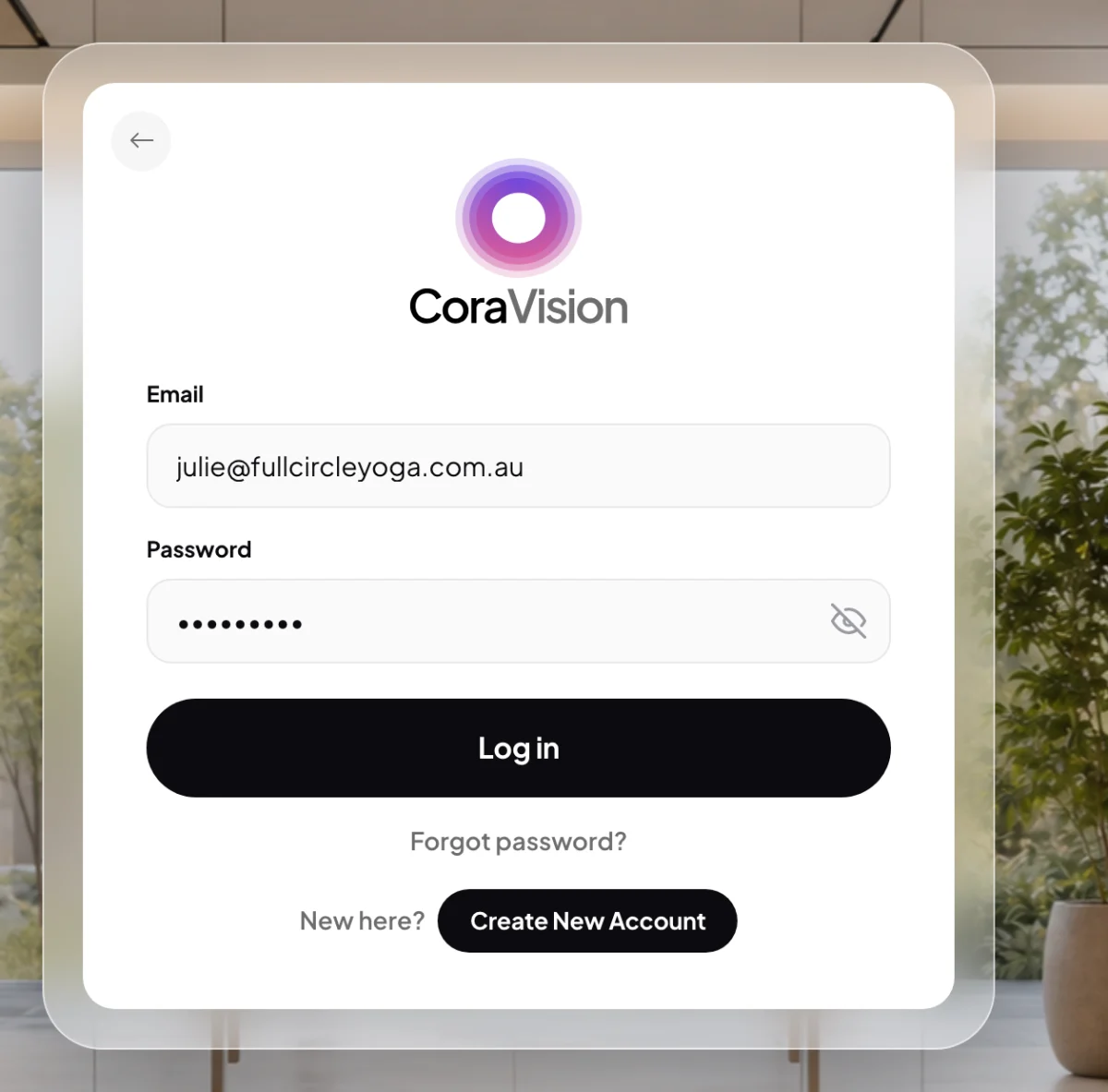 The log in screen with a demo email typed and the password hidden, above the Log in button and Forgot password?; the Email and Password fields are outlined.