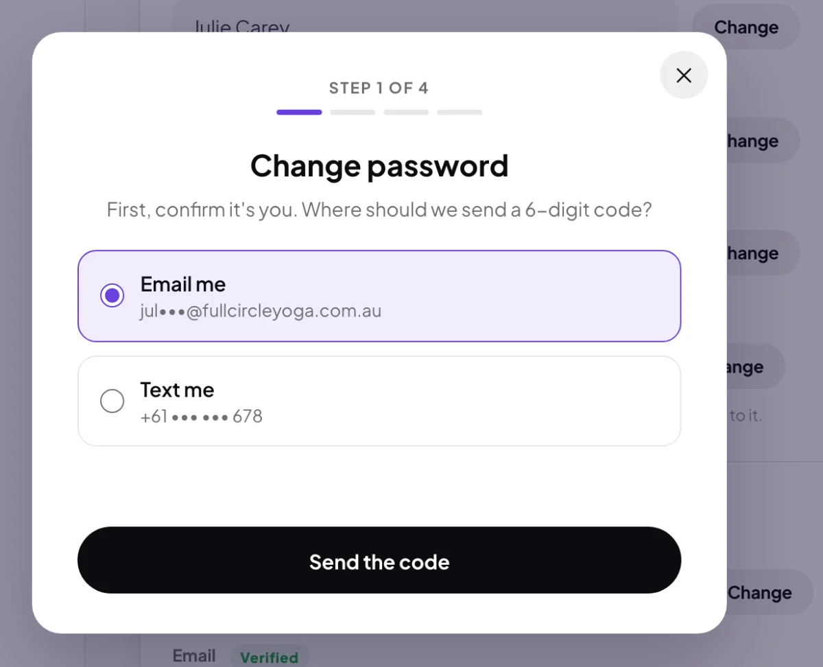 The Change password window, step 1 of 4, First, confirm it's you, with Email me selected and Text me showing a masked demo mobile; the two choices are outlined.