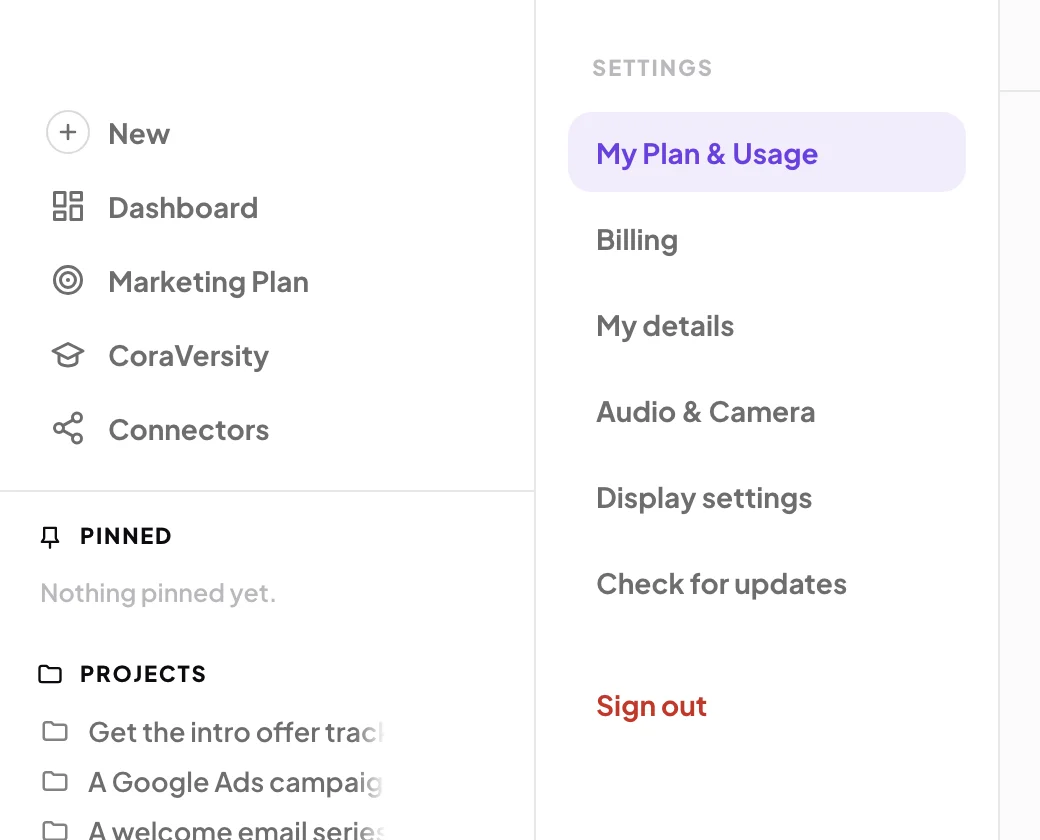 The Settings menu beside the sidebar, with Sign out in red at its foot below Check for updates; an arrow points to the outlined Sign out.