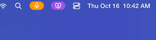 A drawn picture of the right end of the Mac menu bar during a pill chat, with the purple screen recording indicator next to the orange microphone indicator, Control Center and the clock; the screen recording indicator is outlined.