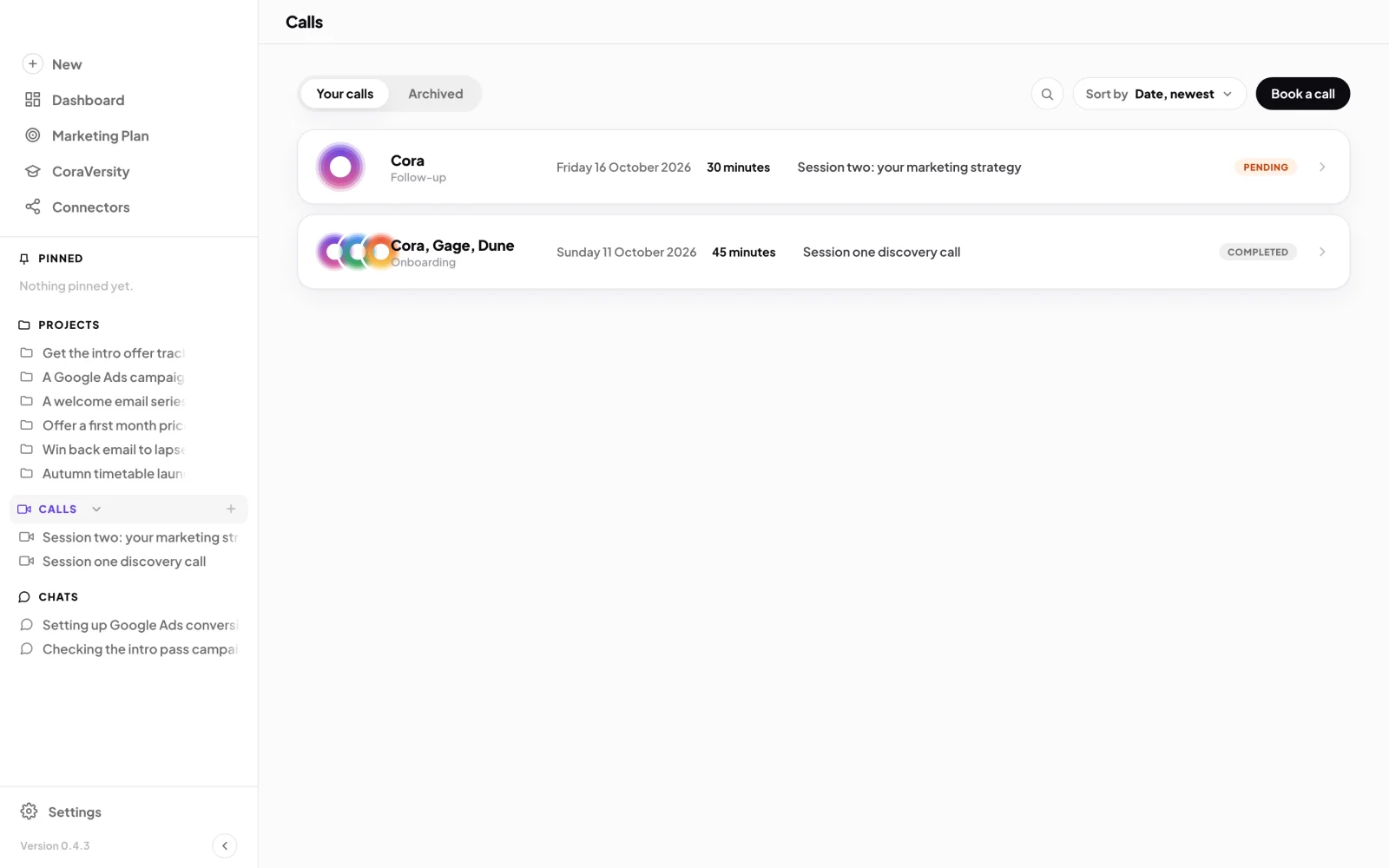 The Calls list for Full Circle Yoga with the Your calls tab open and two calls listed, the onboarding call and session two; the Calls heading in the sidebar and the Archived tab are outlined.