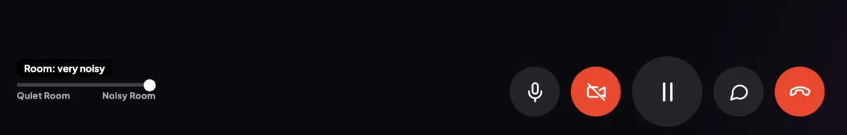 The bottom of the call window, the room noise slider pushed to the Noisy Room end with its note Room: very noisy; the slider is outlined and an arrow points to the Noisy Room end.