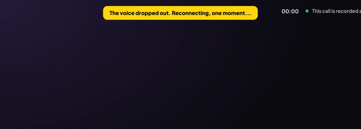The top of the call window mid-call with the note The voice dropped out. Reconnecting, one moment... showing over the stage; the note is outlined.