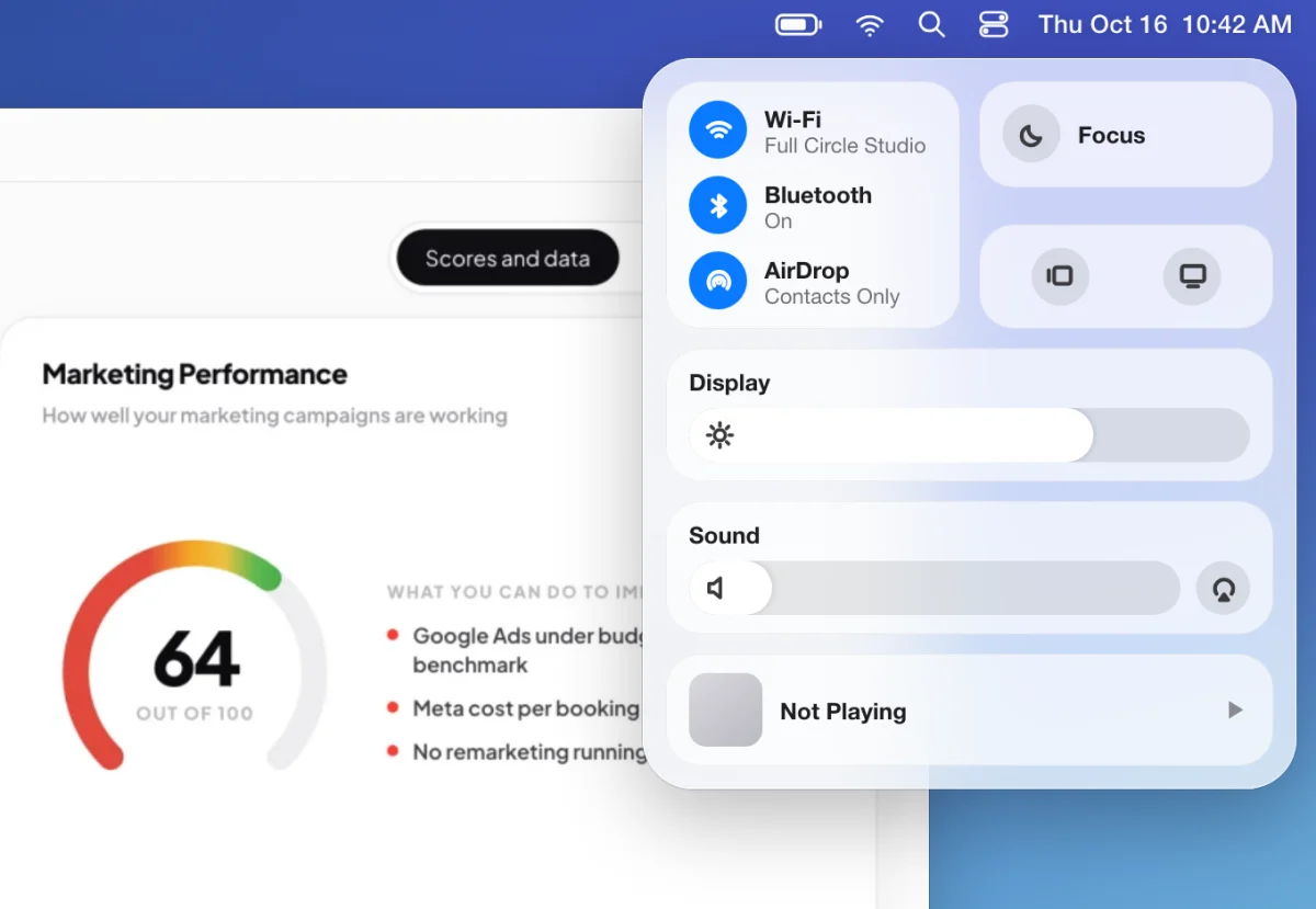 A drawn picture of a Mac with Control Center open from the menu bar over the CoraVision dashboard, the Sound slider turned well down; an arrow points to the outlined Sound slider.