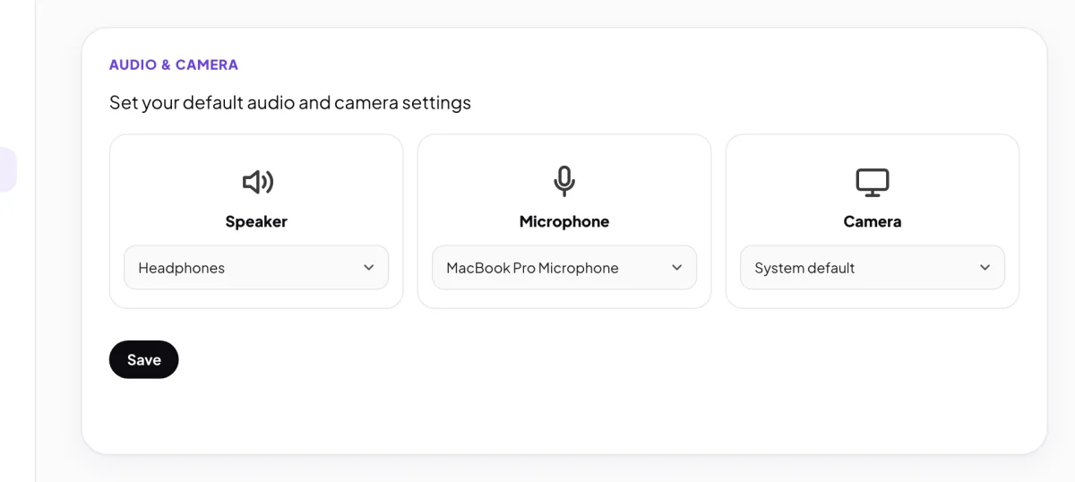 Settings, Audio & Camera, with Headphones chosen in the Speaker list and the Save button lit; the Speaker list and the Save button are outlined.