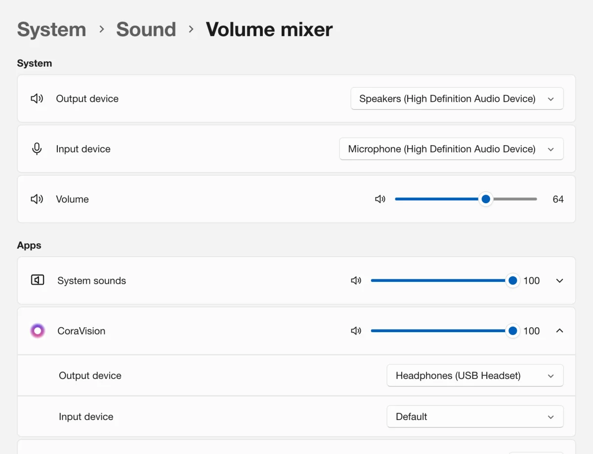 A drawn picture of Windows 11 Settings at System, Sound, Volume mixer, with the CoraVision row expanded to show its volume at 100 and its output device, Headphones (USB Headset); the CoraVision row is outlined and an arrow points to its output device.