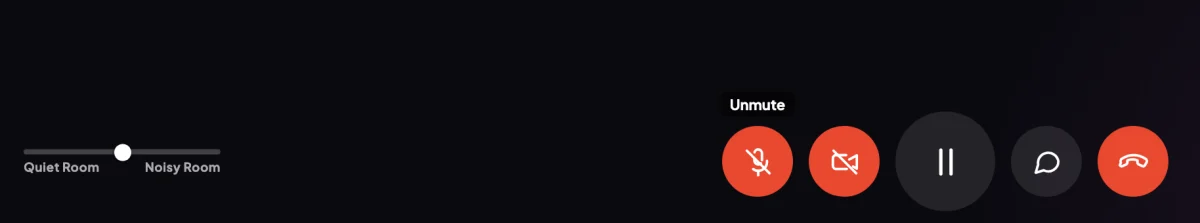 The call's control bar with the microphone muted, its first button red and labelled Unmute, then Start video, Pause meeting, Transcript and End call; an arrow points to the outlined Unmute button.