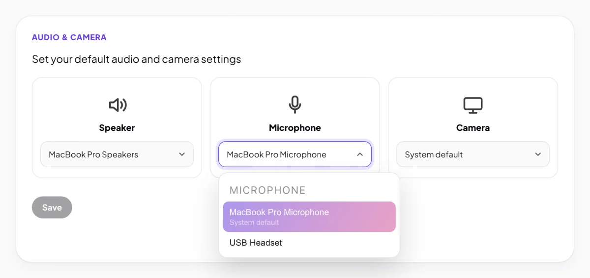 Settings, Audio & Camera, with the Microphone list open showing MacBook Pro Microphone as the system default and USB Headset; the open list and the Save button are outlined.