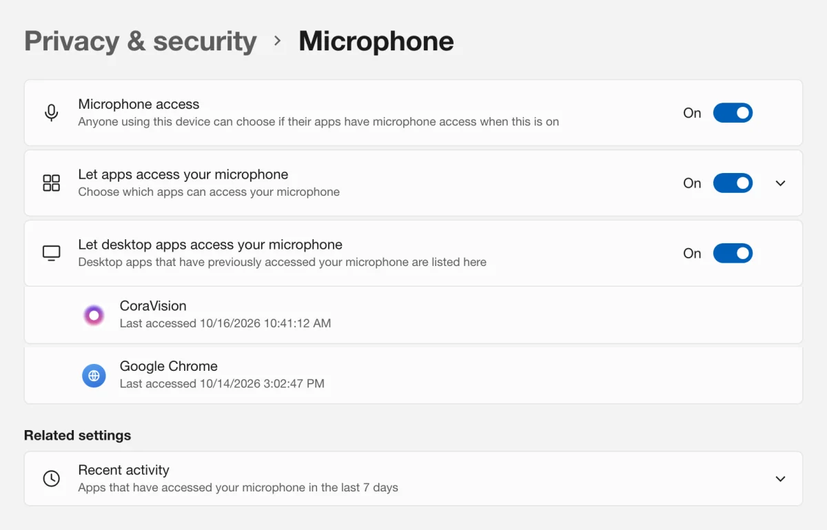 A drawn picture of Windows 11 Settings at Privacy & security, Microphone, with Microphone access, Let apps access your microphone and Let desktop apps access your microphone all on, and CoraVision in the list of desktop apps; an arrow points to the outlined desktop apps switch.