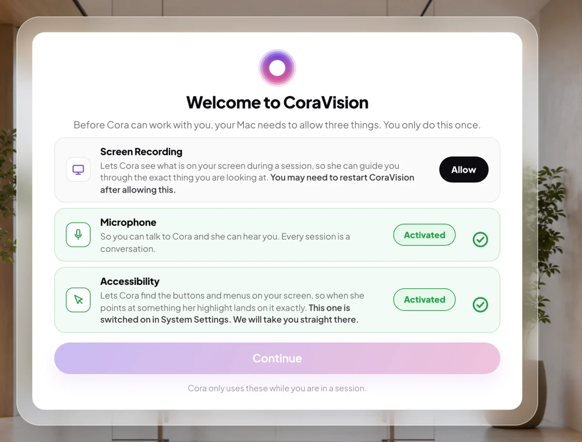 The Welcome to CoraVision card with Microphone and Accessibility Activated and Screen Recording still showing Allow; the Screen Recording row is outlined and an arrow points to its Allow button.