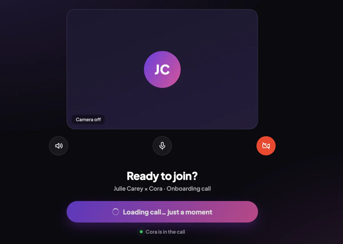 The call lobby, Ready to join?, the camera preview off, and the join button showing its spinner and Loading call, just a moment; the join button is outlined.