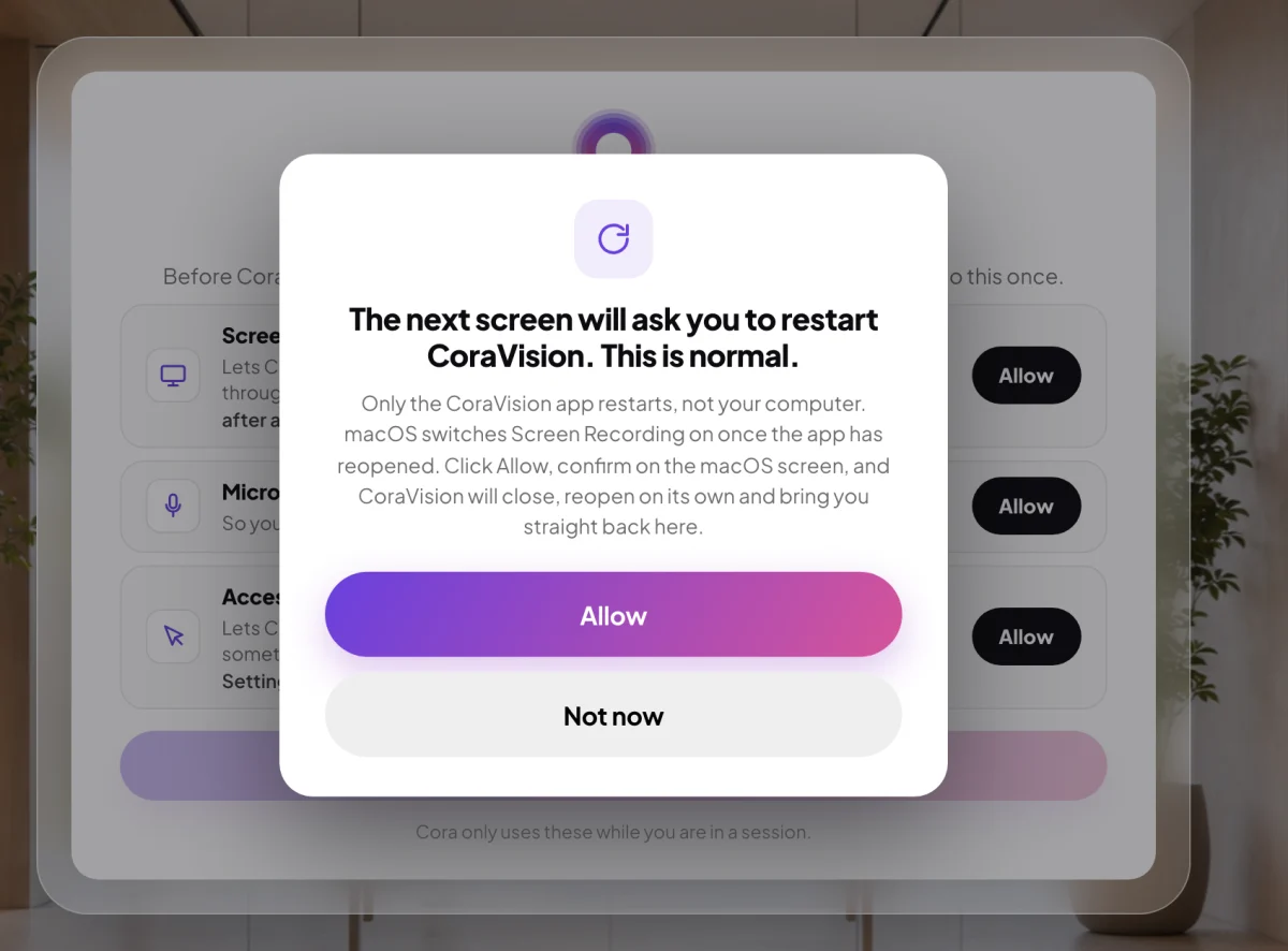 The restart message over the dimmed welcome card, with Allow and Not now; an arrow points to the outlined Allow button.