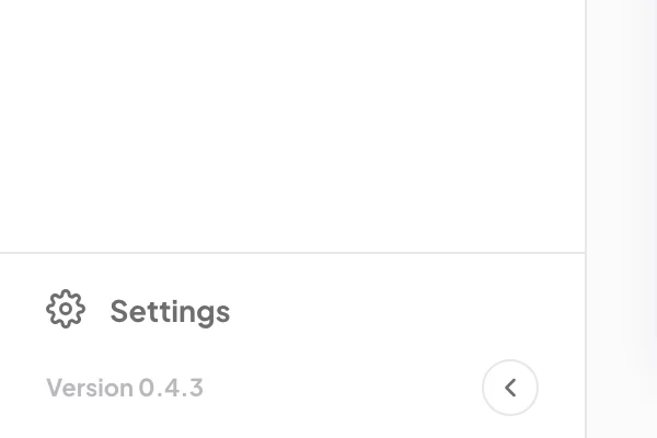 The foot of the dashboard sidebar, Settings and the version label reading Version 0.4.3 beside the collapse arrow; an arrow points to the outlined version label.