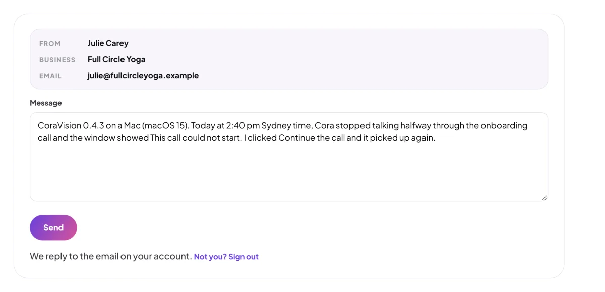The Help Centre's contact form after signing in, with Julie Carey, Full Circle Yoga and her email shown from her account and a message giving the version, the Mac, the time with Sydney and what happened; the Message box is outlined.