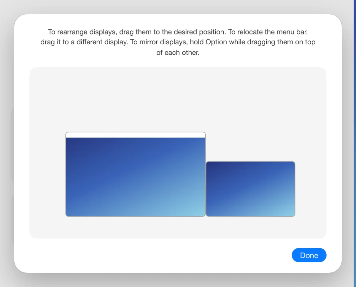 A drawn picture of the Arrange sheet in System Settings, Displays, on a Mac, with two displays side by side; the main display, with the white menu bar strip along its top, is outlined.