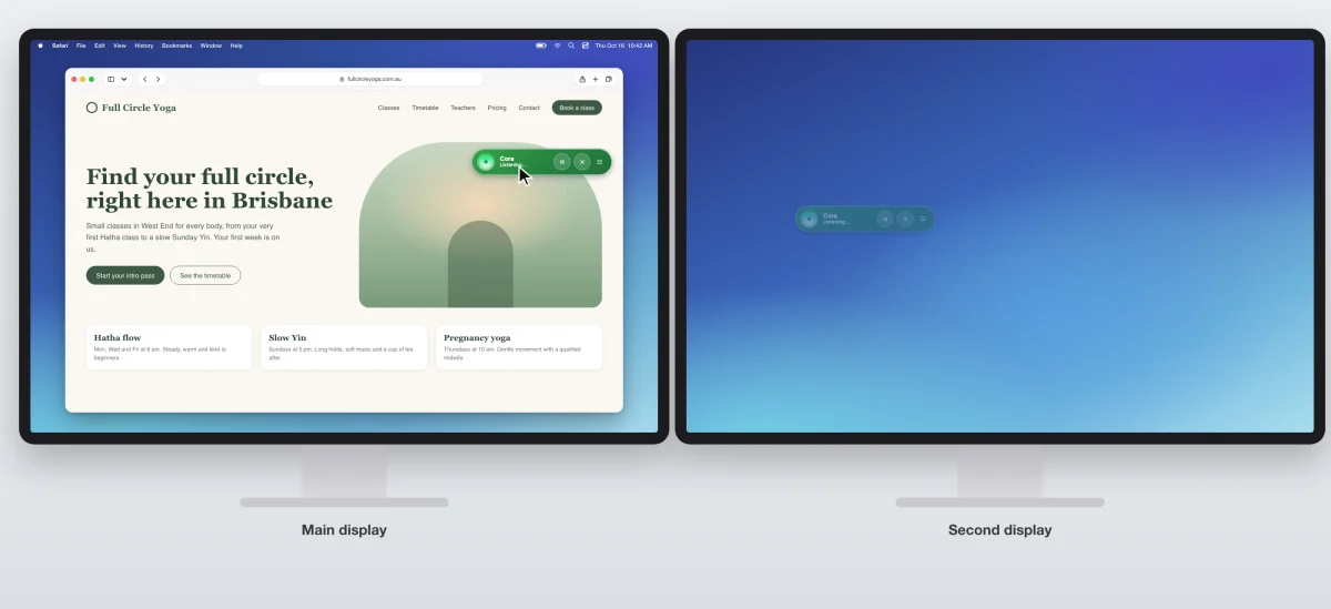 A drawn picture of two displays side by side, the main one on the left with the menu bar and a browser open, and the CoraVision pill being dragged from the second display onto the main one; the pill on the main display is outlined and an arrow shows the drag from the second display.