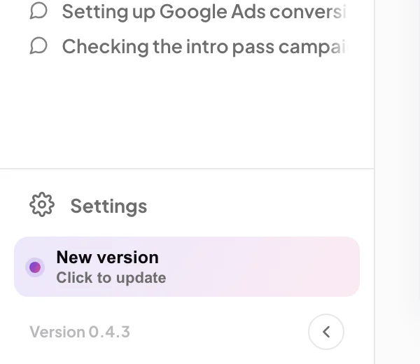 The foot of the dashboard sidebar with the New version, Click to update pill between Settings and the version label; an arrow points to the outlined pill.