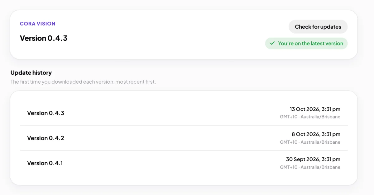 Settings, Check for updates, Version 0.4.3 at the top, the Check for updates button pressed with You're on the latest version beside it, and Update history below; the button and the result are outlined.