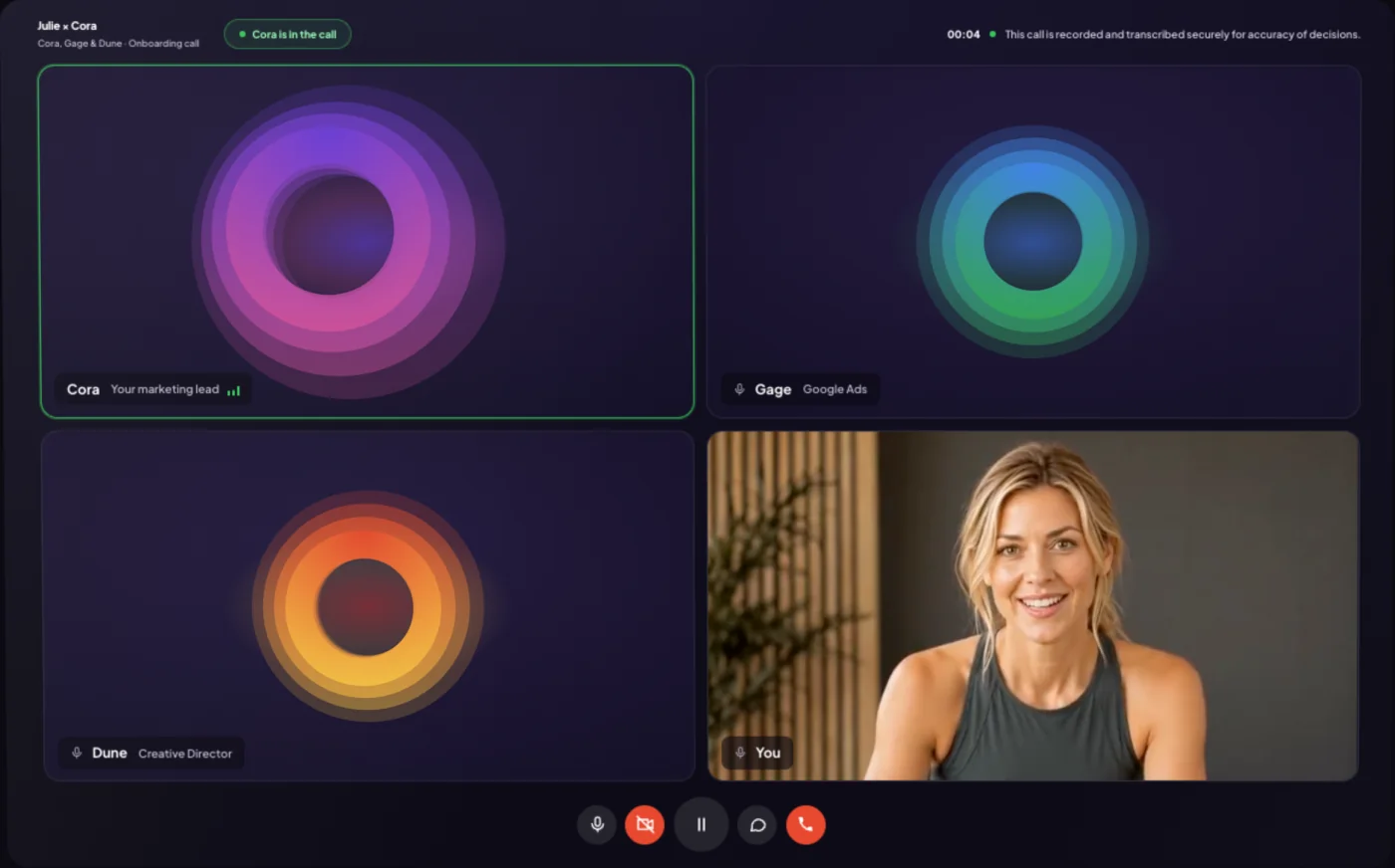A CoraVision call: Cora, Gage and Dune as orbs, and the client on camera