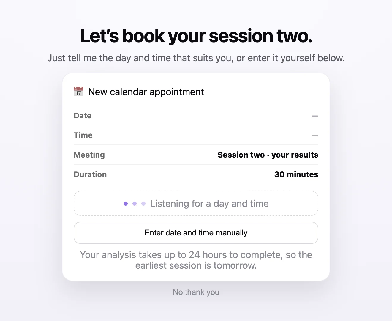 Booking a session with Cora: a new calendar appointment waiting for a day and time