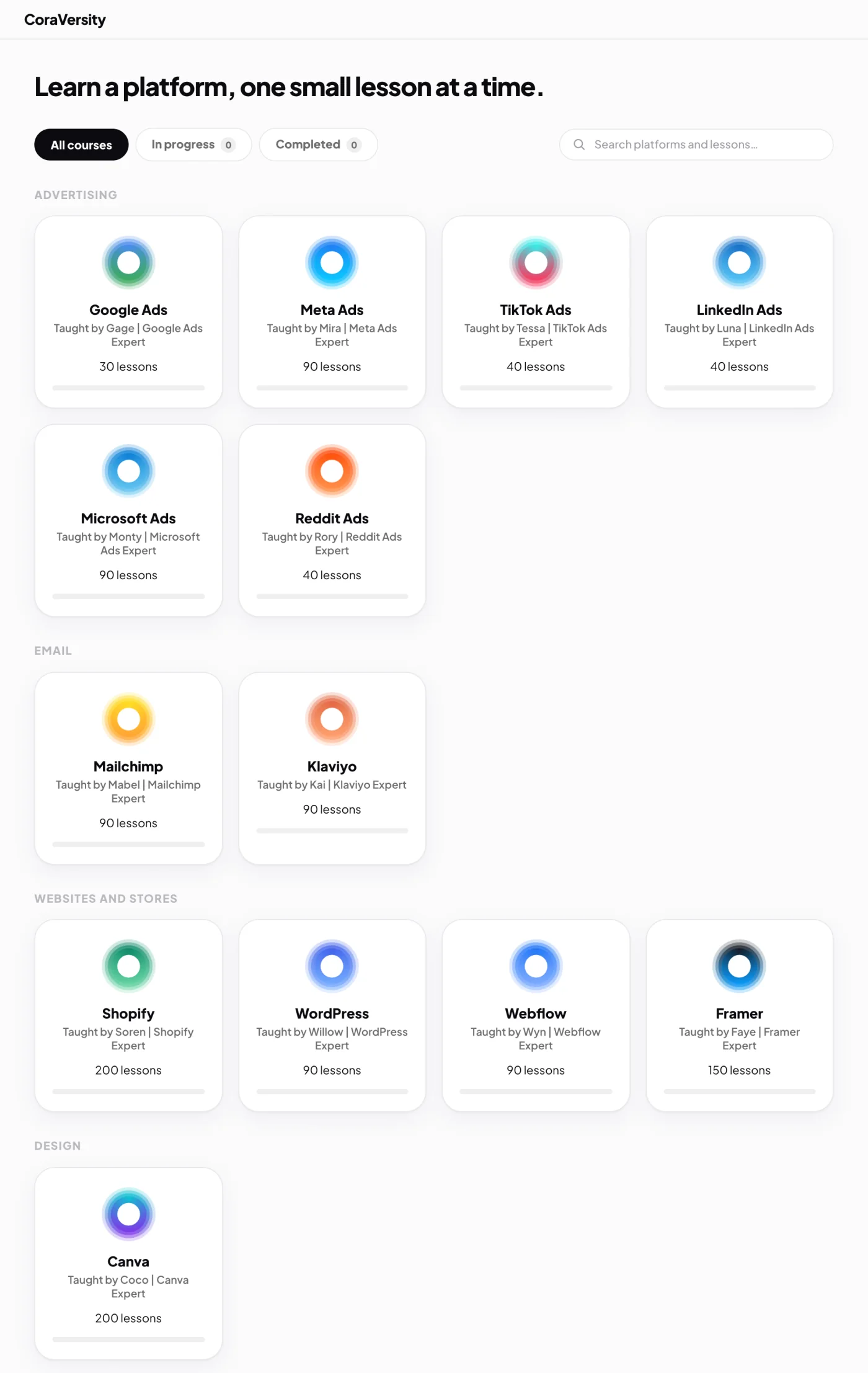CoraVersity: a course for every platform, from Google Ads to Canva, each taught by its own specialist