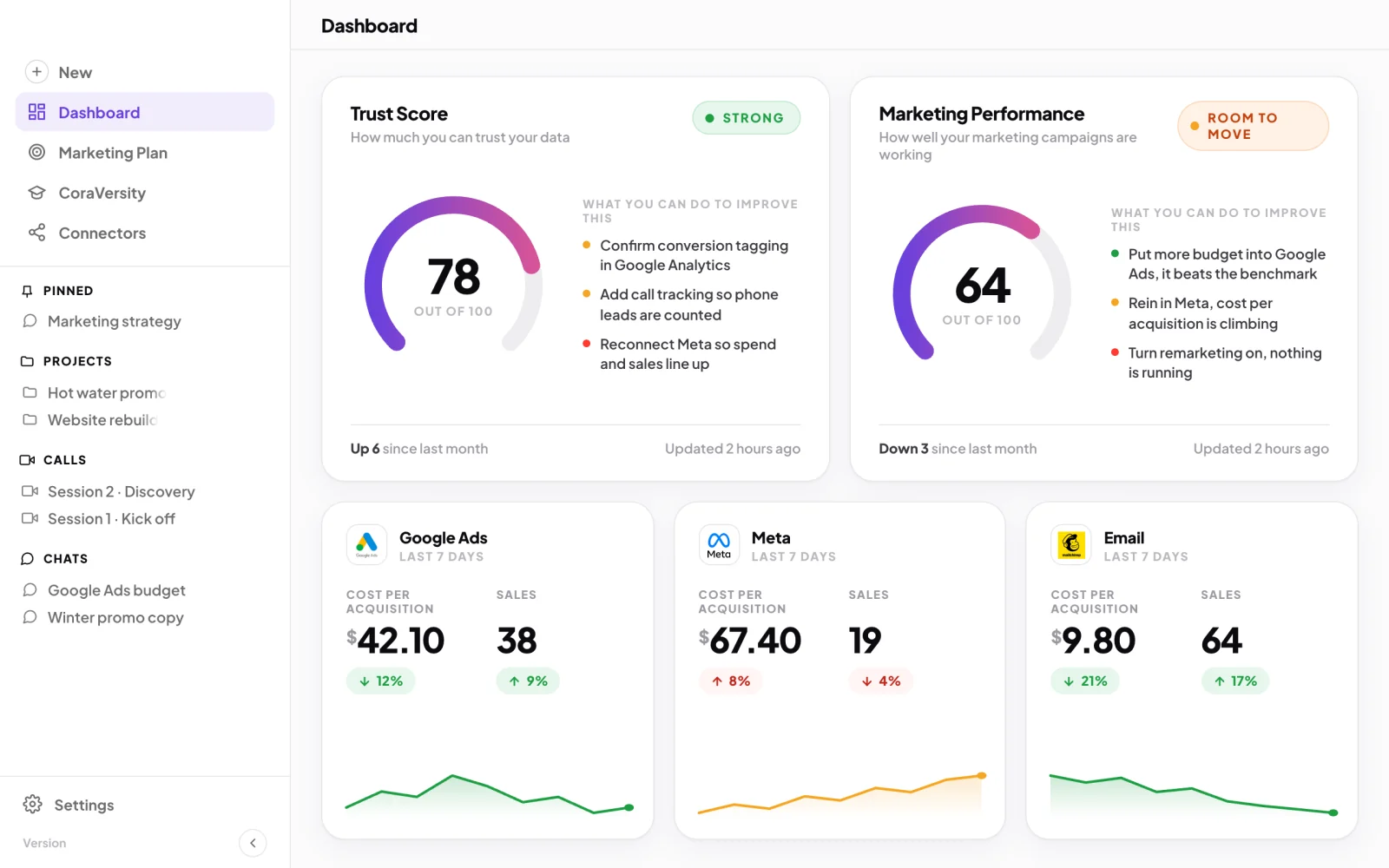 The CoraVision dashboard: a Trust Score, a Marketing Performance score, and Google Ads, Meta and email results