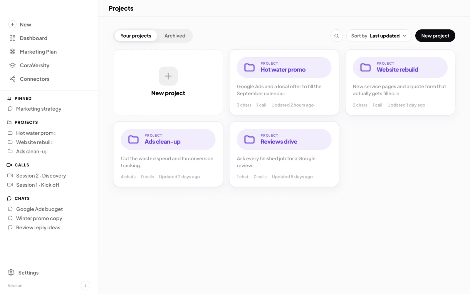The Projects screen with four projects