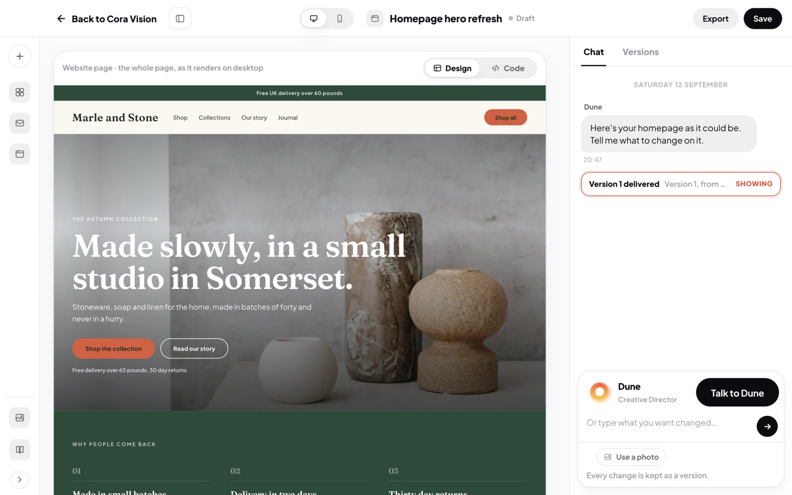 A website homepage designed in the Design Studio
