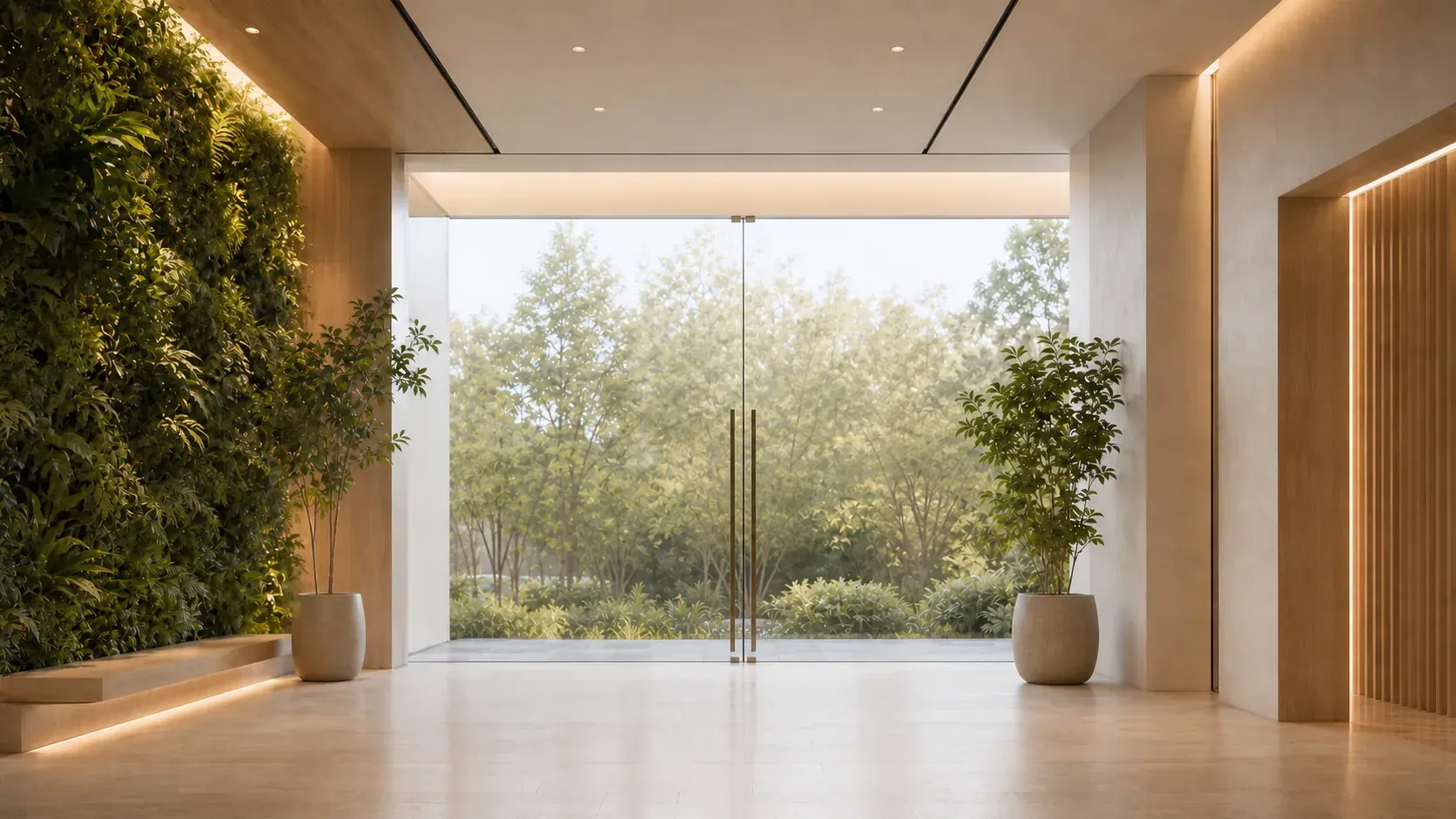 A calm, light-filled entrance opening onto a garden