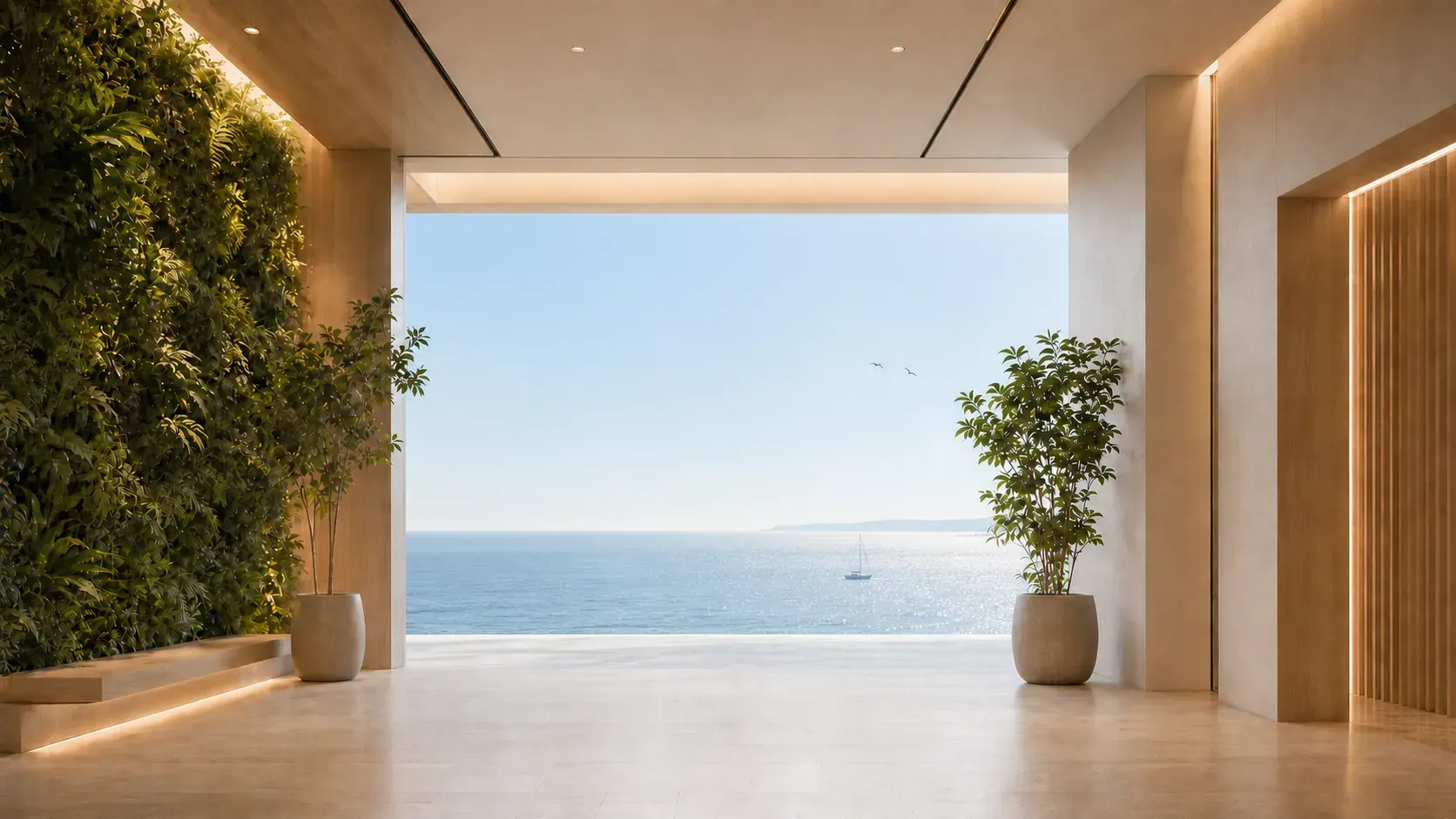 A bright room opening onto a calm ocean