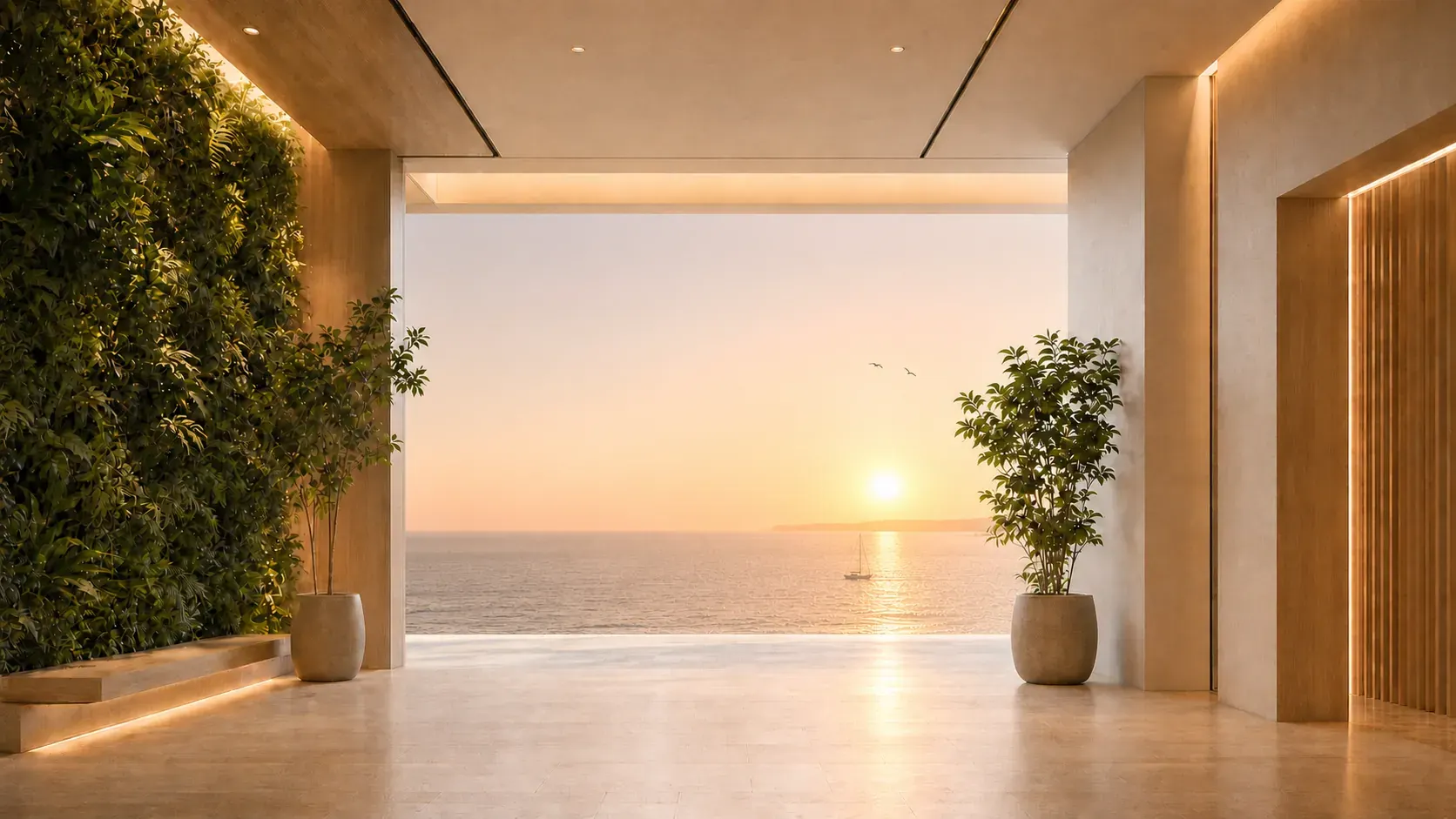 A calm room opening onto the ocean at sunset