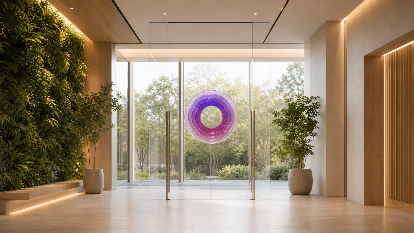 The CoraVision office door, the orb on the glass