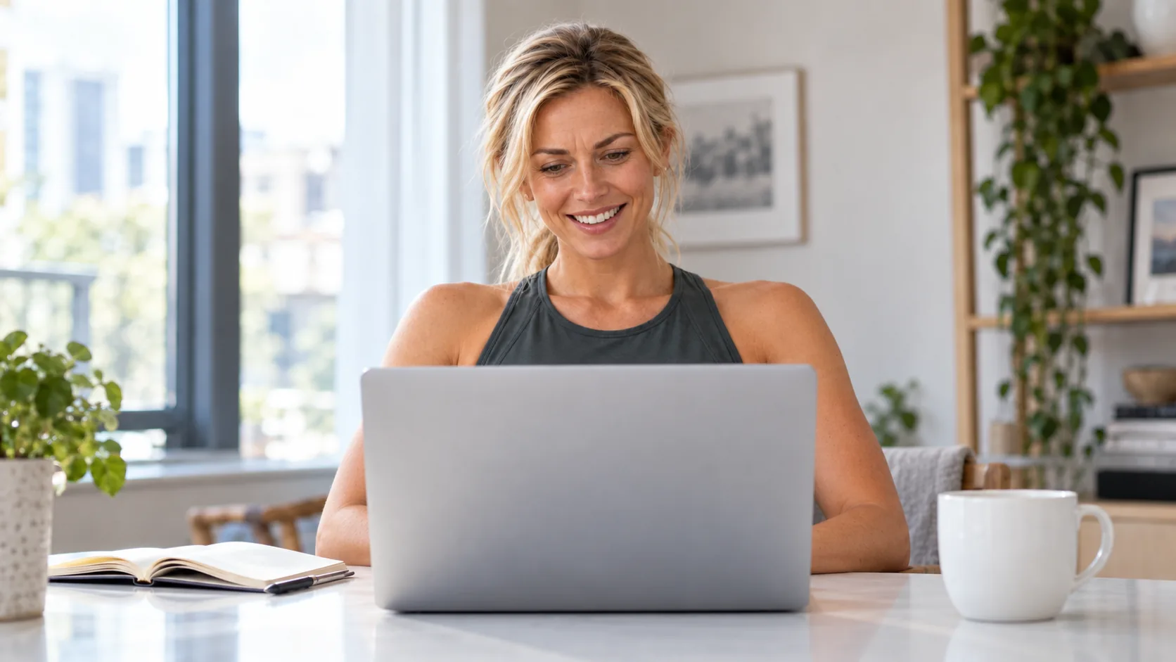 An owner smiling at her laptop, relaxed and in charge of her marketing