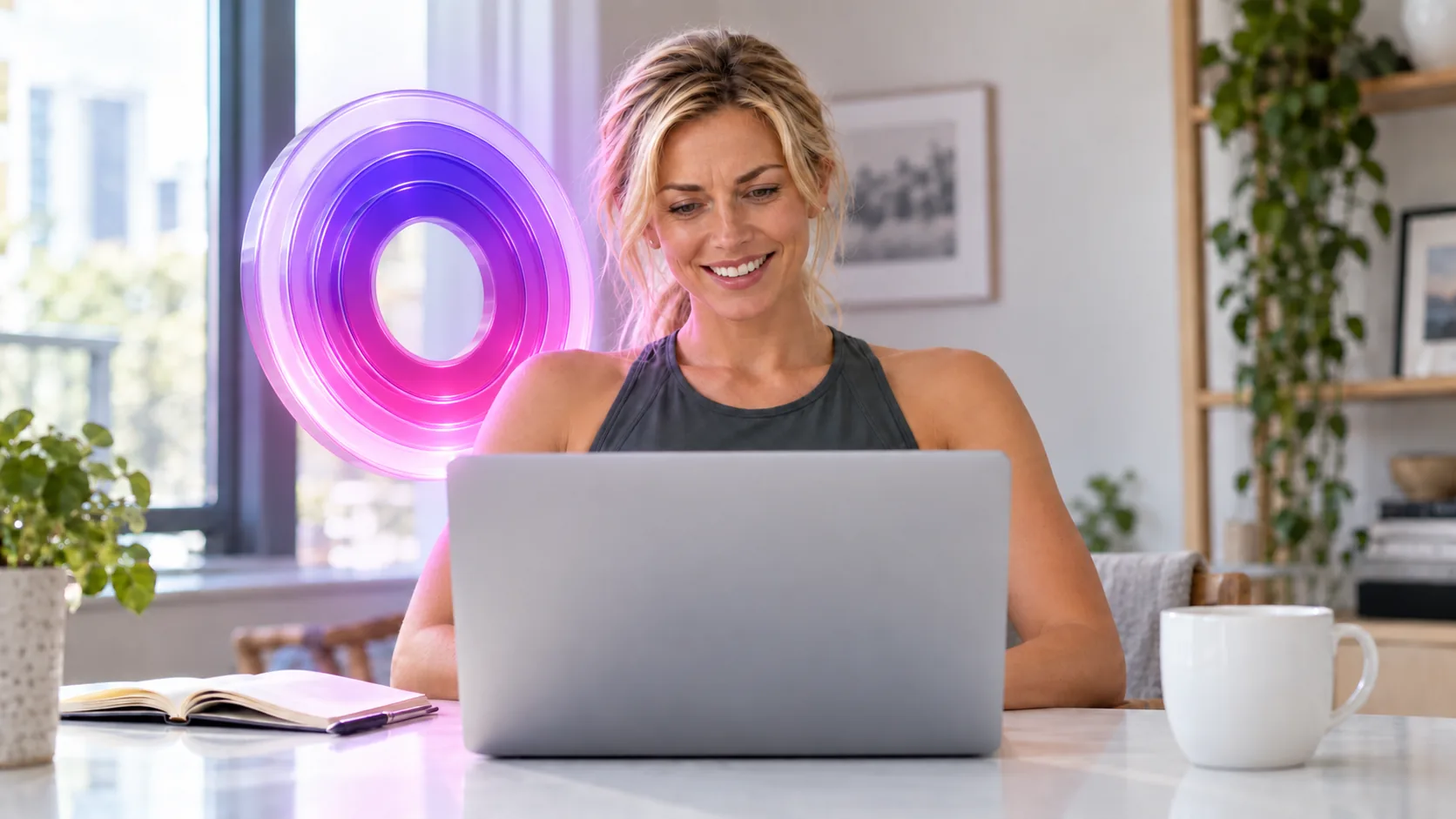 An owner smiling at her laptop while Cora, the purple orb, helps beside her