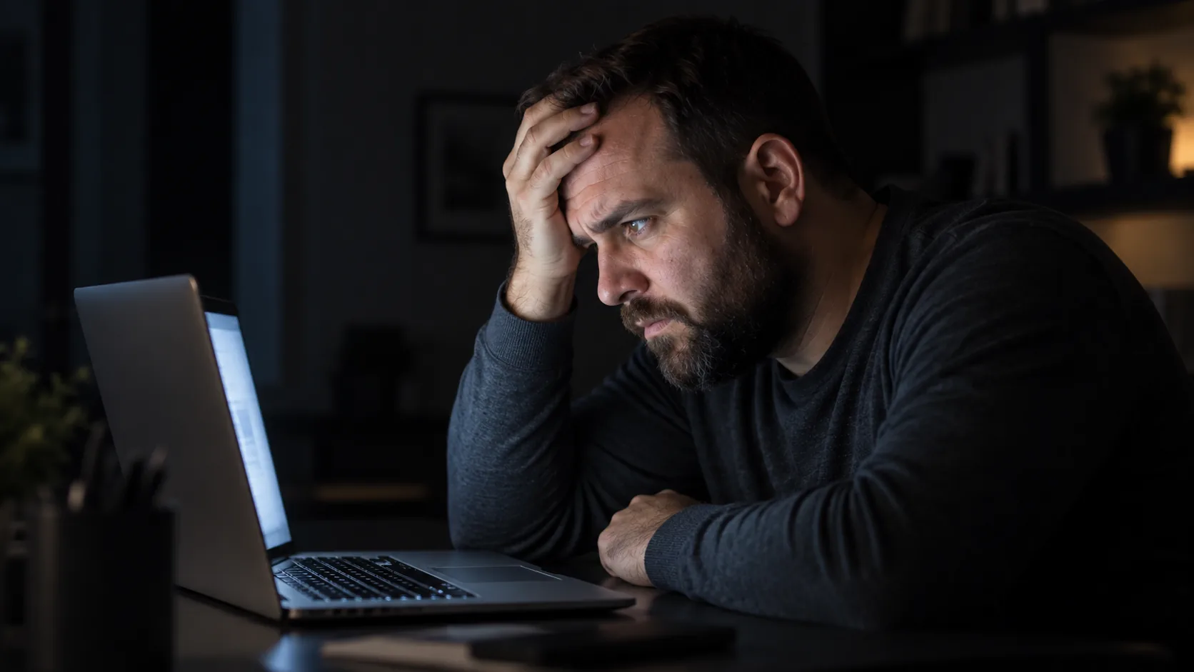 An owner working late with ad platforms open on a laptop and phone